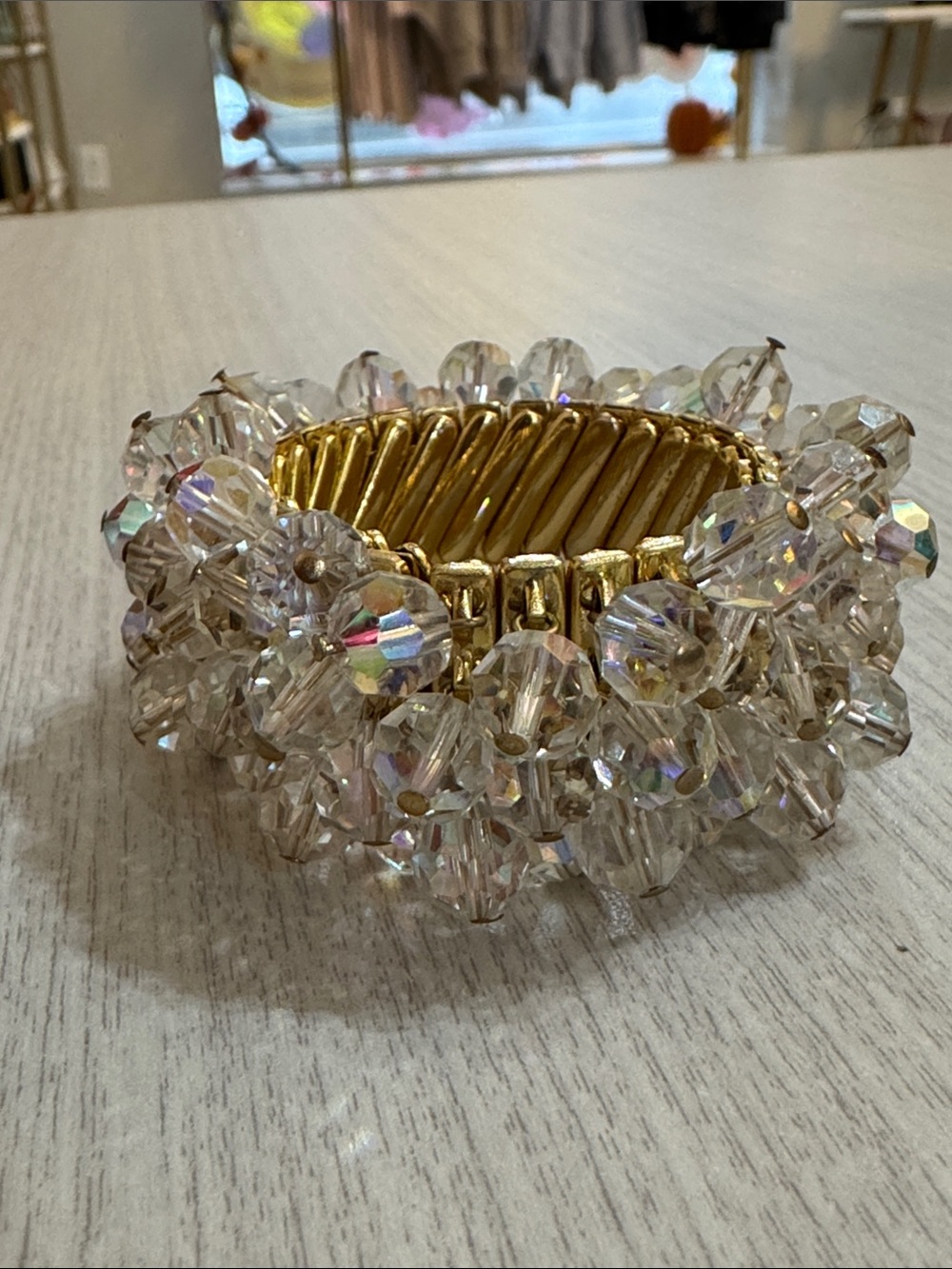 Gold-Tone AURORA BOREALIS Crystal Bead Stretch Bracelet - Clear Iridescent